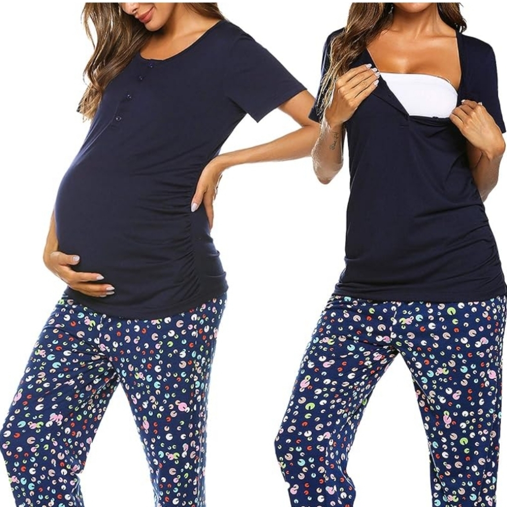 Navy Maternity Nursing Pajama Set